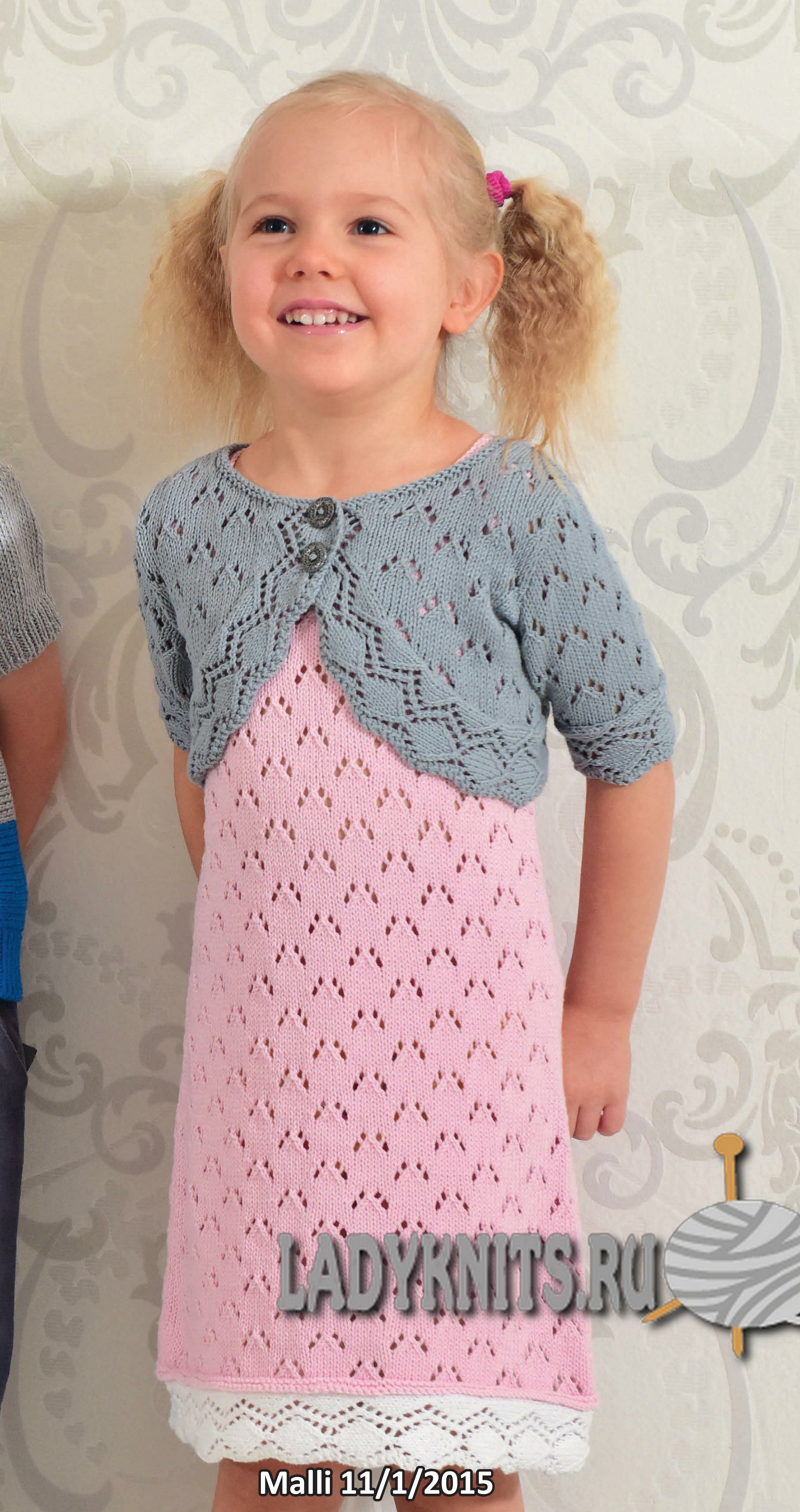 Вязаное спицами ажурное платье для девочки от 1 года до 7 лет