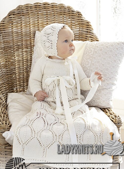 Вязаное спицами красивое крестильное платье &quot;Моя фея&quot; для девочки от рождения до 2 лет