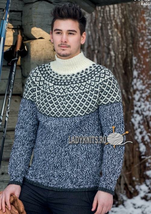 Мужской свитер спицами с круглой кокеткой из норвежских узоров
