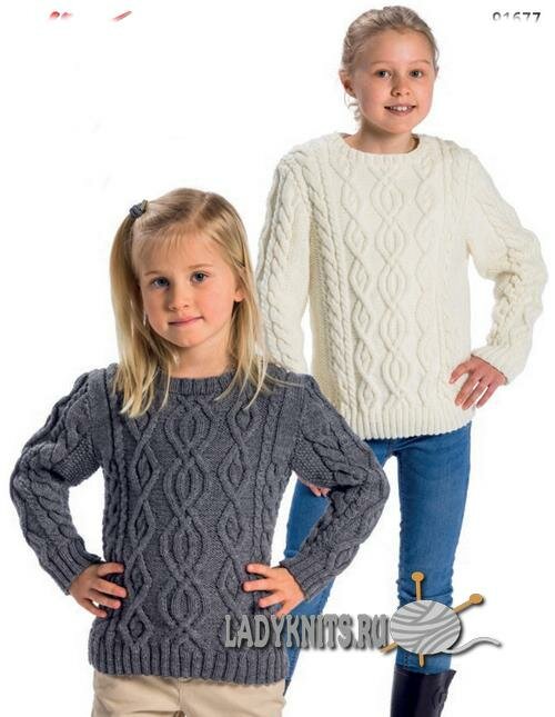 Красивый свитер спицами с узором из аранов и кос для девочки от 2 до 14 лет 