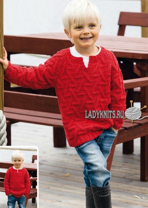 Вязаный спицами пуловер с интересным узором для мальчика от 5 до 18 лет