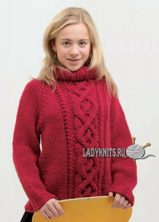 Вязаный спицами красивый свитер с косами для ребенка от 8 до 14 лет